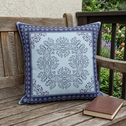 18" White Dark Blue and Light Blue Damask Indoor Outdoor Throw Pillow