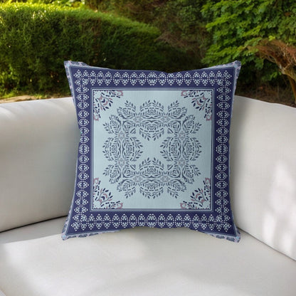 18" White Dark Blue and Light Blue Damask Indoor Outdoor Throw Pillow