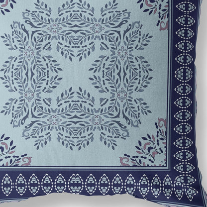 18" White Dark Blue and Light Blue Damask Indoor Outdoor Throw Pillow