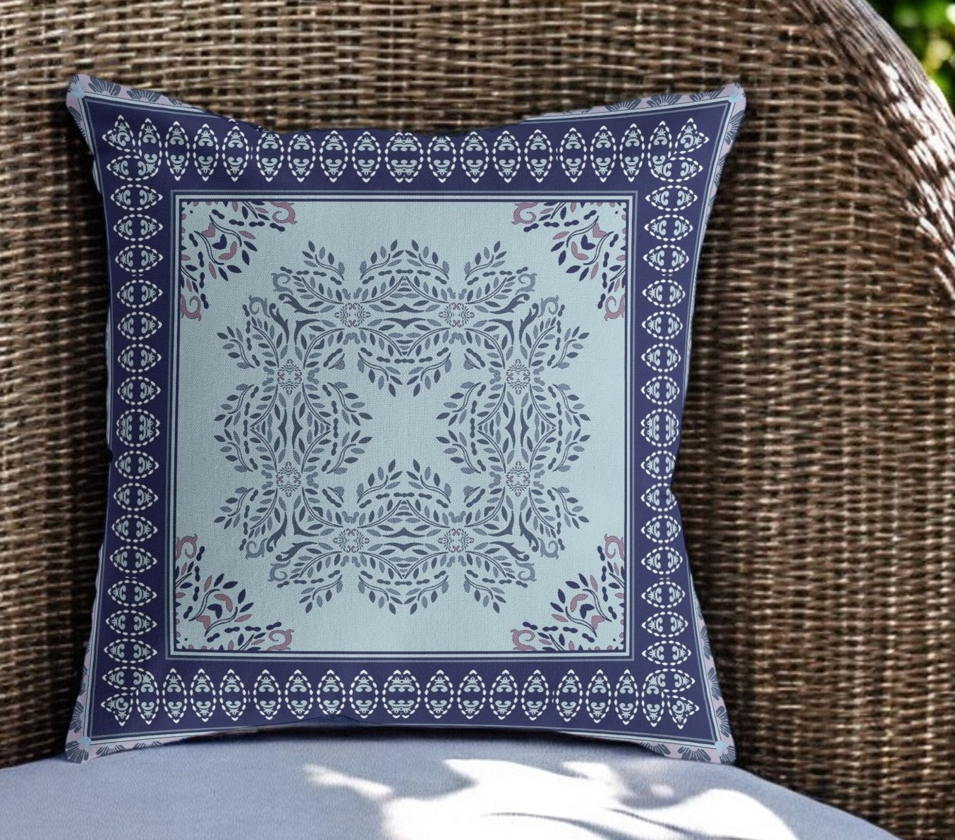 18" White Dark Blue and Light Blue Damask Indoor Outdoor Throw Pillow