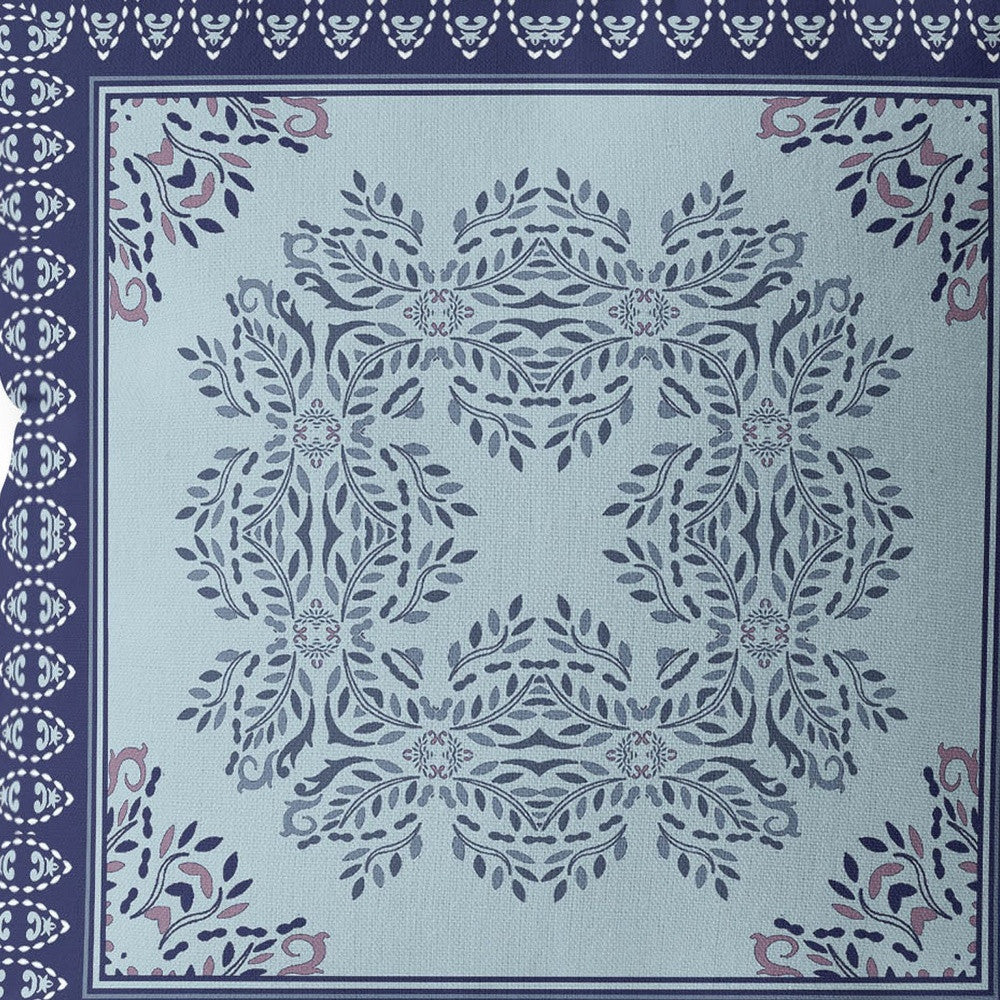 18" White Dark Blue and Light Blue Damask Indoor Outdoor Throw Pillow