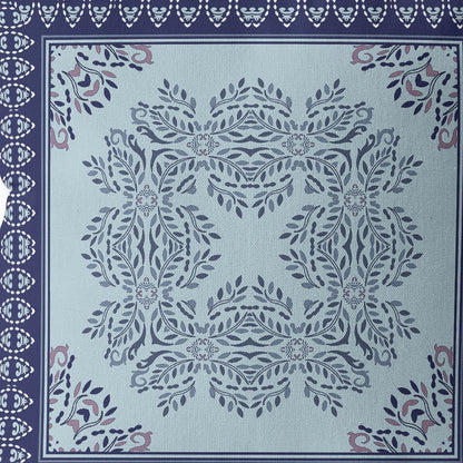 18" White Dark Blue and Light Blue Damask Indoor Outdoor Throw Pillow