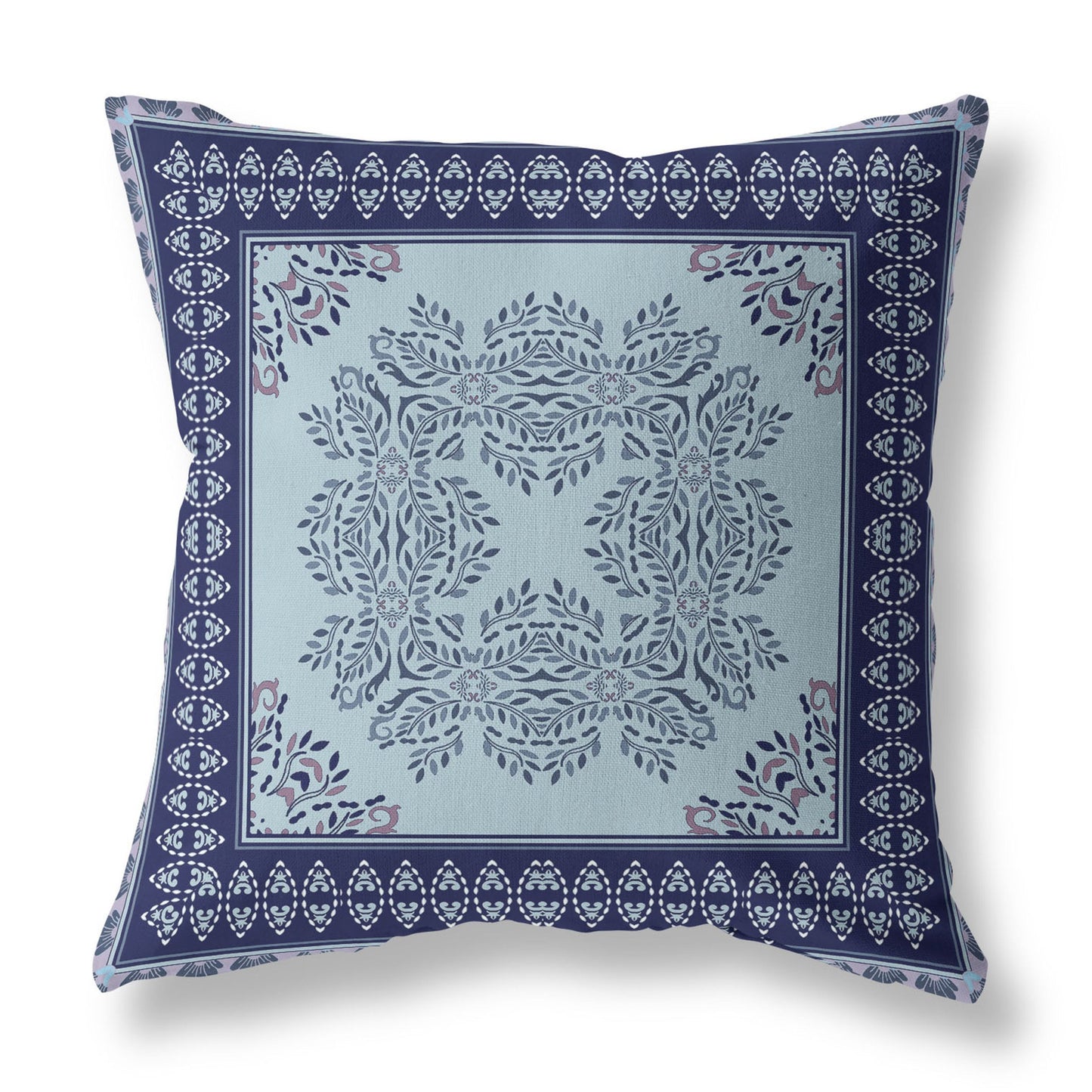 18" White Dark Blue and Light Blue Damask Indoor Outdoor Throw Pillow