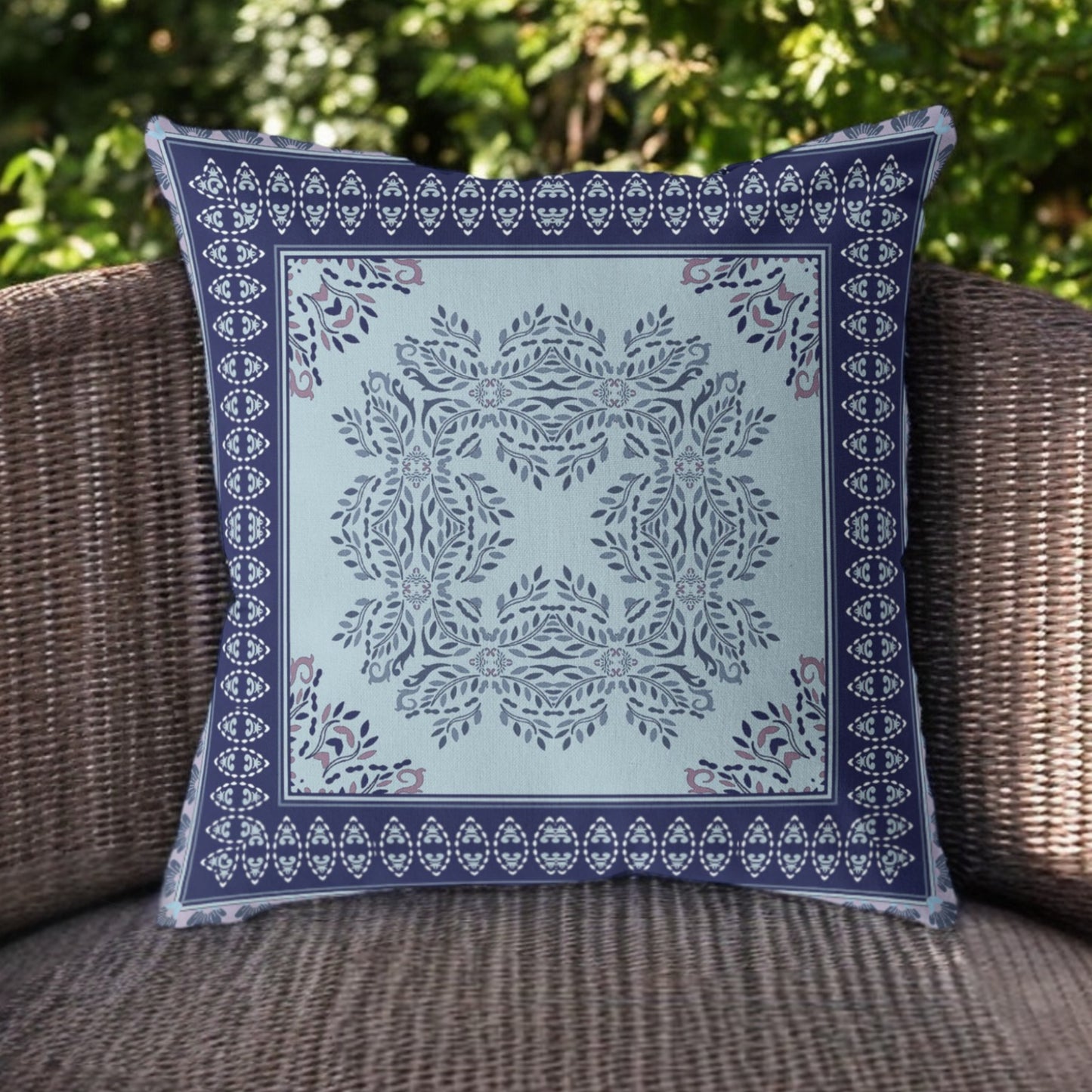 18" White Dark Blue and Light Blue Damask Indoor Outdoor Throw Pillow