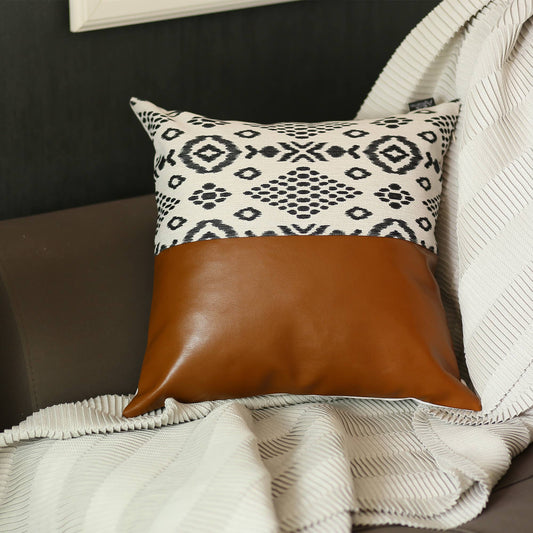 20" X 20" Brown and White Faux Leather Geometric Zippered Pillow Cover