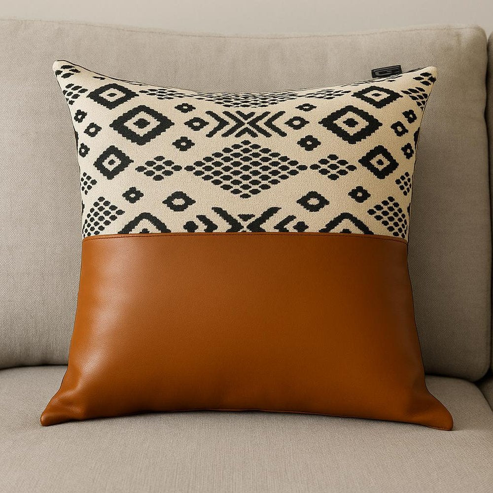 20" X 20" Brown and White Faux Leather Geometric Zippered Pillow Cover