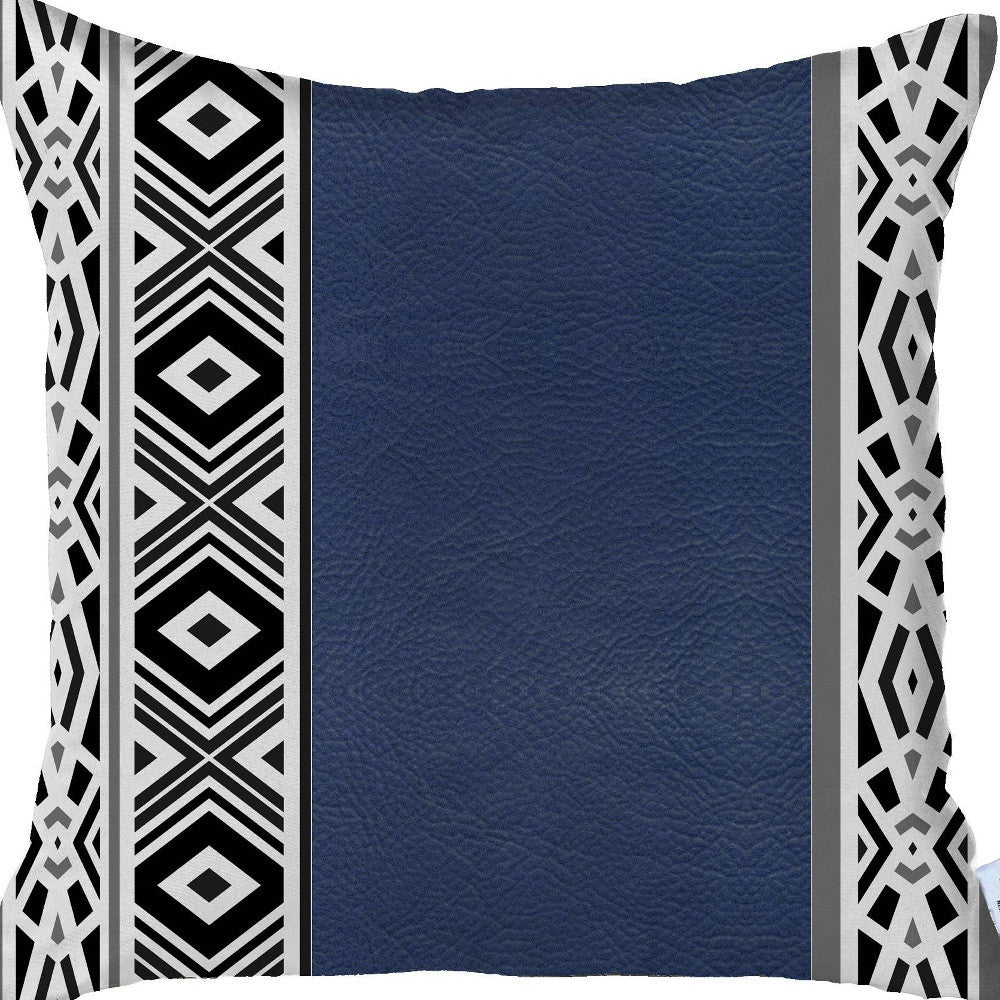 17" X 17" Navy Blue Geometric Zippered Handmade Faux Leather Throw Pillow Cover