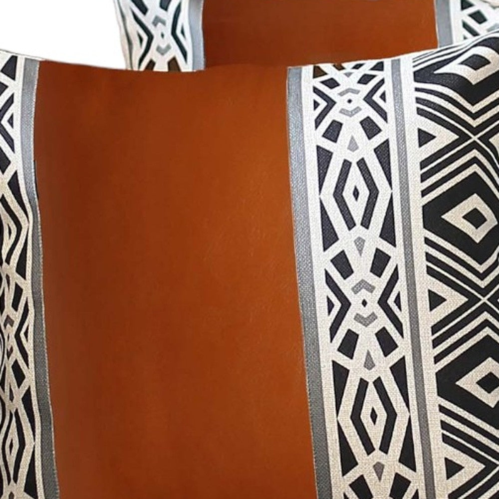 Set of Two 17" Brown and White Geometric Faux Leather Throw Pillow Cover