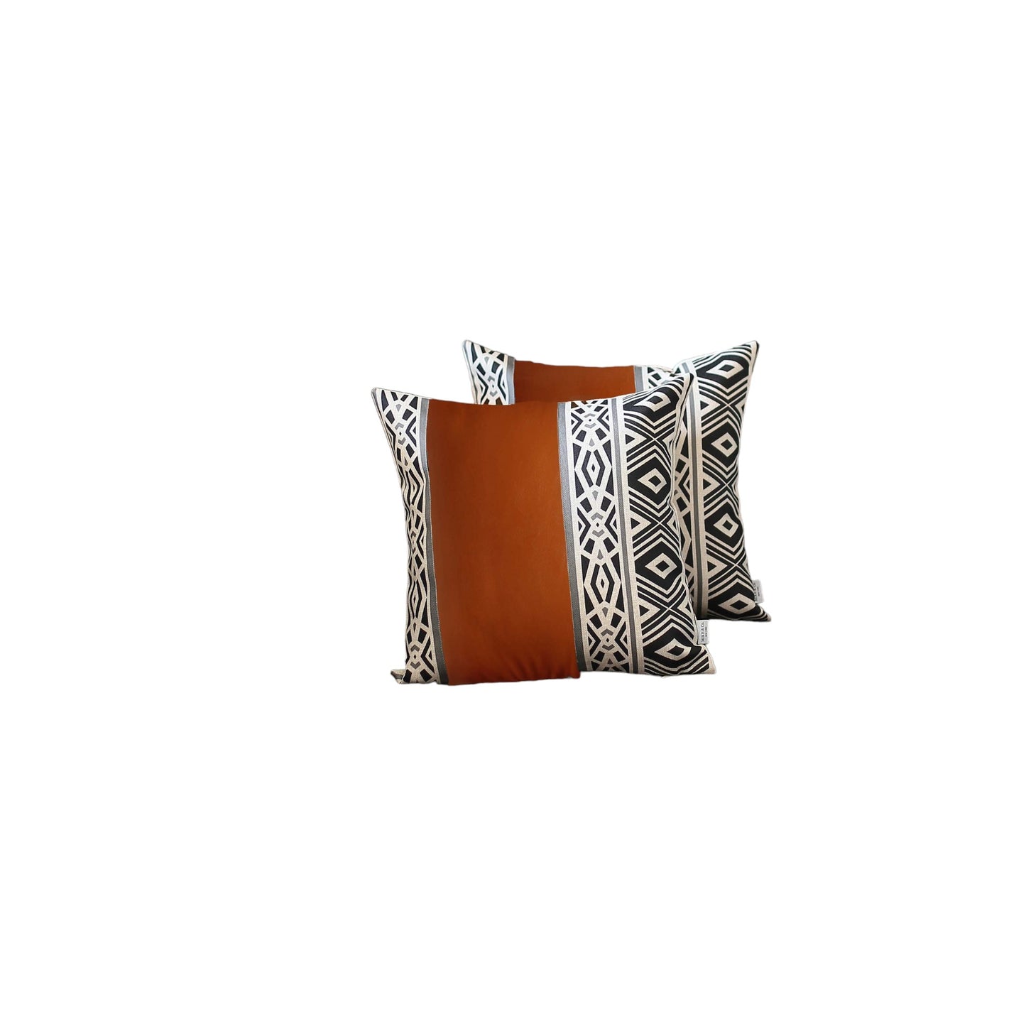 Set of Two 17" Brown and White Geometric Faux Leather Throw Pillow Cover