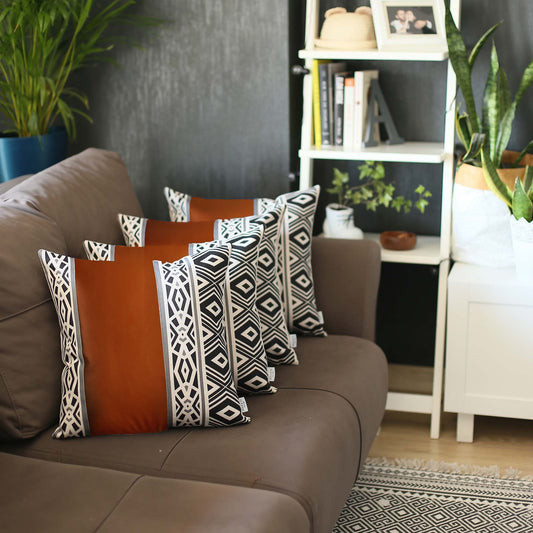 Set of Four Brown Black and White Geometric Faux Leather Throw Pillow Covers