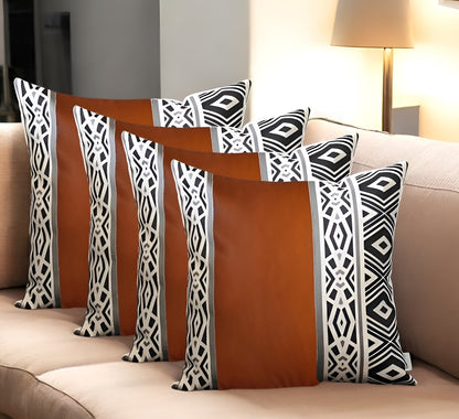 Set of Four Brown Black and White Geometric Faux Leather Throw Pillow Covers