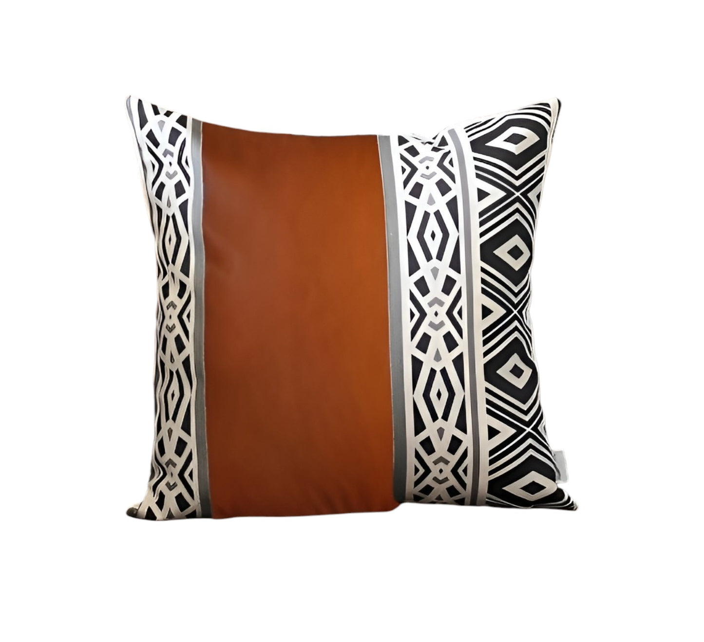 Set of Four Brown Black and White Geometric Faux Leather Throw Pillow Covers