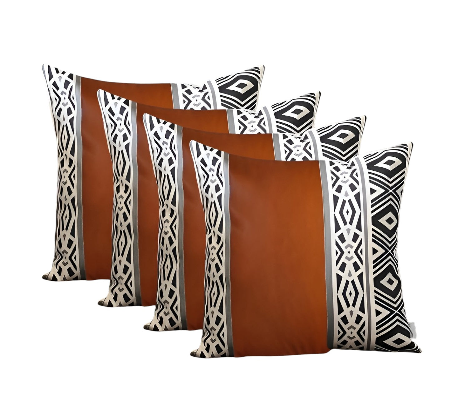 Set of Four Brown Black and White Geometric Faux Leather Throw Pillow Covers