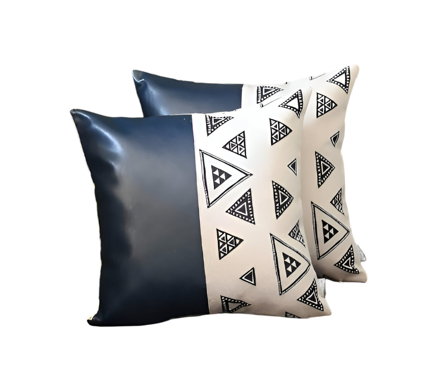 Set Of Two 17" X 17" Navy Blue Faux Leather Geometric Zippered Pillow Cover