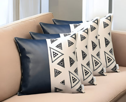 Set Of Four 17" X 17" Navy Blue Faux Leather Geometric Zippered Pillow Cover