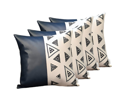 Set Of Four 17" X 17" Navy Blue Faux Leather Geometric Zippered Pillow Cover