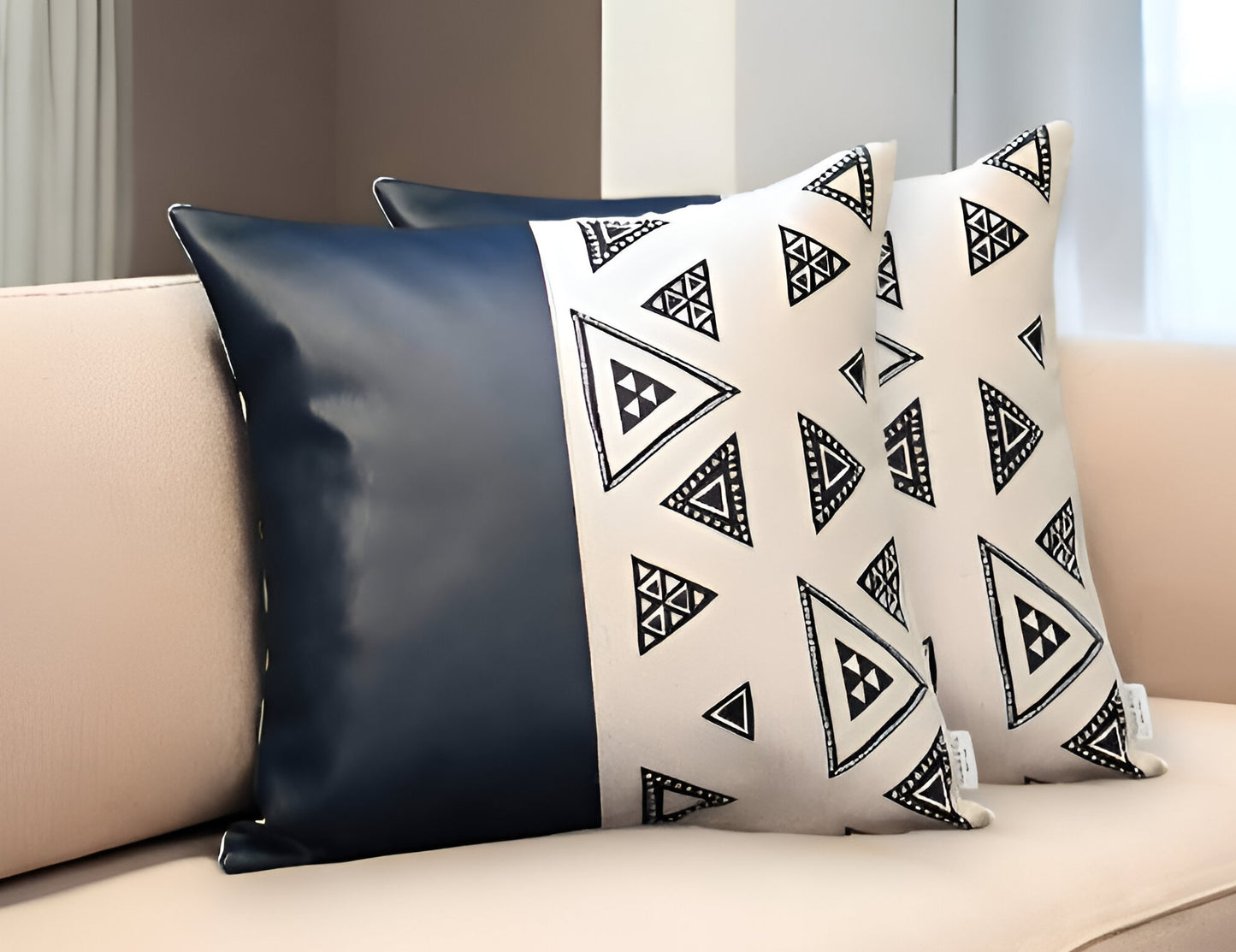 Set Of Two 18" X 18" Navy Blue Faux Leather Geometric Zippered Pillow