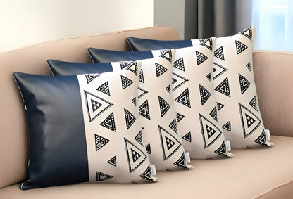 Set Of Four 18" X 18" Navy Blue Faux Leather Geometric Zippered Pillow