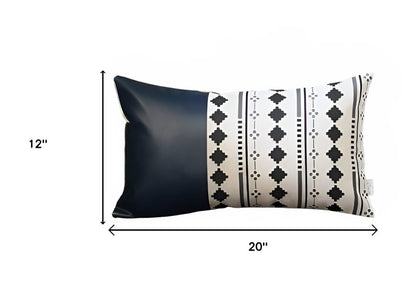 12" X 20" Black and White Diamond Fabric and Faux Leather Lumbar Throw Pillow Cover