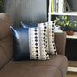 Set of Two 17" Navy Blue Diamond Fabric and Faux Leather Throw Pillow Covers