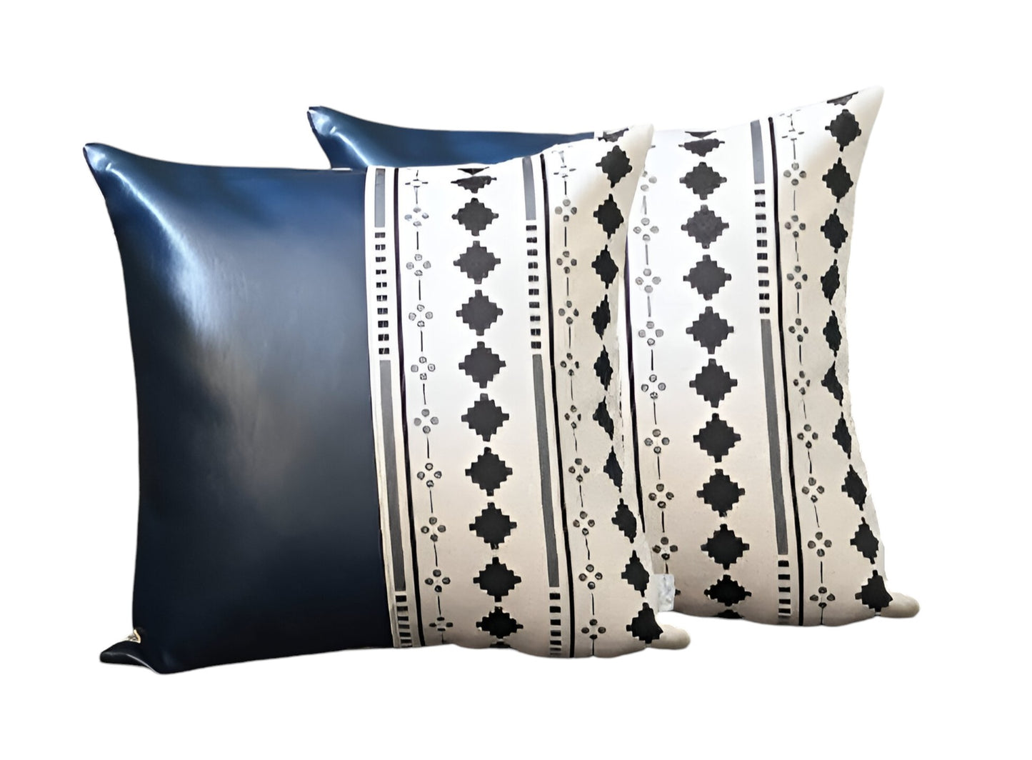 Set Of Two 17" X 17" Navy Blue Faux Leather Diamond Zippered Pillow Cover