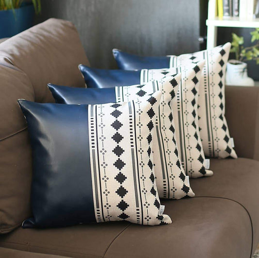 Set Of Four 17" X 17" Navy Blue Faux Leather Diamond Zippered Pillow Cover