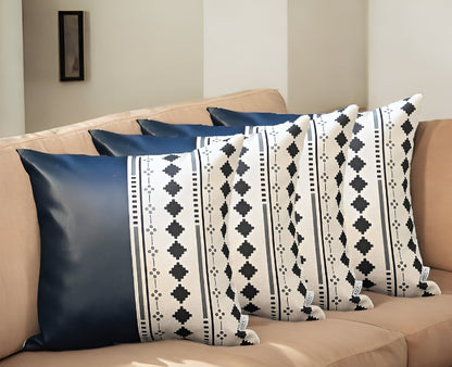 Set Of Four 17" X 17" Navy Blue Faux Leather Diamond Zippered Pillow Cover