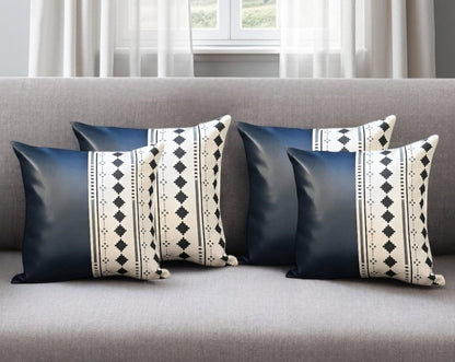 Set of Four 17" White Diamond Fabric and Faux Leather Throw Pillow Covers