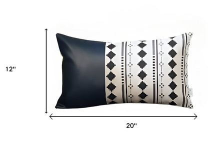 12" X 20" White Diamond Fabric and Faux Leather Lumbar Throw Pillow