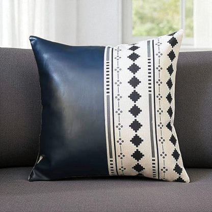 17" X 17" Navy Blue And White Diamond Zippered Handmade Faux Leather Throw Pillow