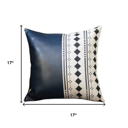 17" X 17" Navy Blue And White Diamond Zippered Handmade Faux Leather Throw Pillow