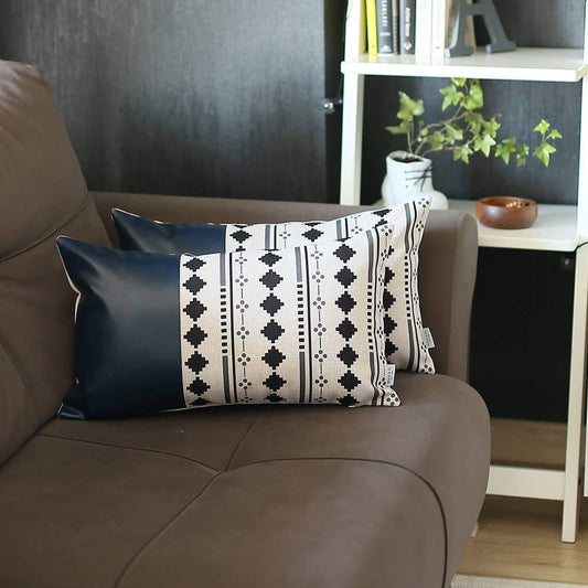Set of Two 12" X 20" Navy Blue Diamond Fabric and Faux Leather Lumbar Throw Pillows