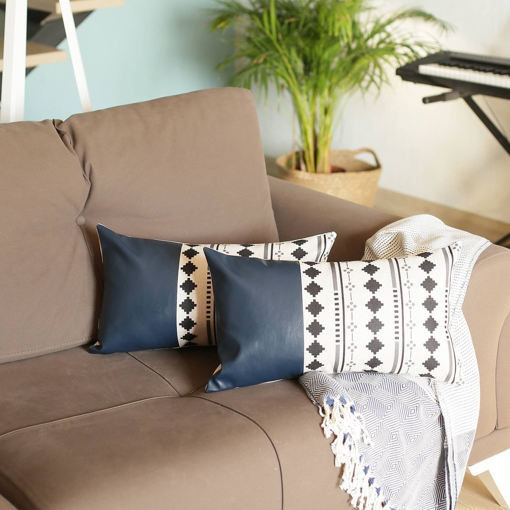 Set of Two 12" X 20" Navy Blue Diamond Fabric and Faux Leather Lumbar Throw Pillows
