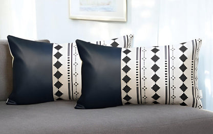 Set Of Two 20" X 12" Navy Blue Faux Leather Diamond Zippered Pillow