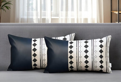 Set of Two 12" X 20" Navy Blue Diamond Fabric and Faux Leather Lumbar Throw Pillows