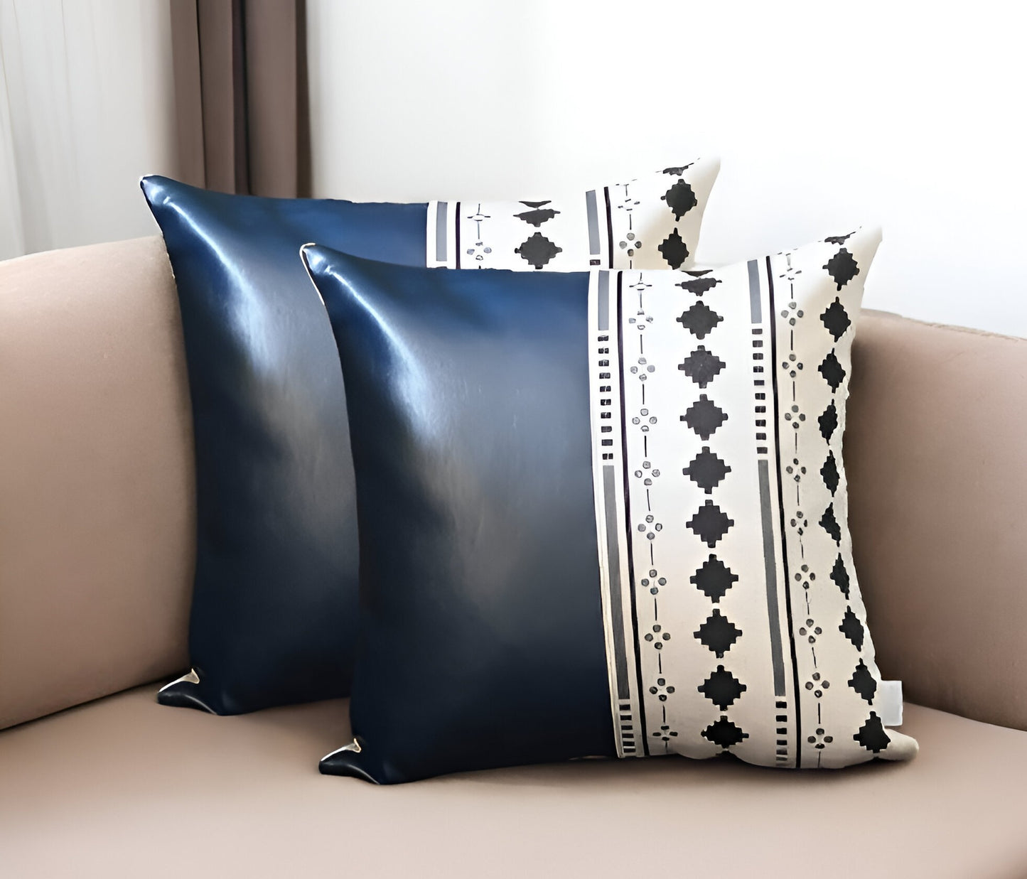 Set Of Two 17" X 17" Navy Blue Faux Leather Diamond Zippered Pillow