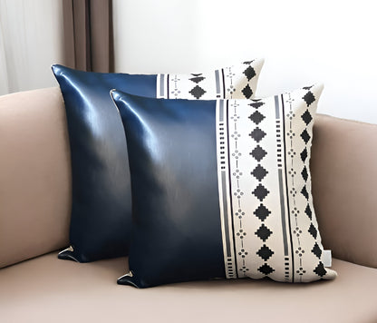 Set Of Two 17" X 17" Navy Blue Faux Leather Diamond Zippered Pillow