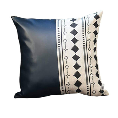 Set of Four 17" Navy Blue Diamond Fabric and Faux Leather Throw Pillows