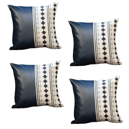 Set of Four 17" Navy Blue Diamond Fabric and Faux Leather Throw Pillows