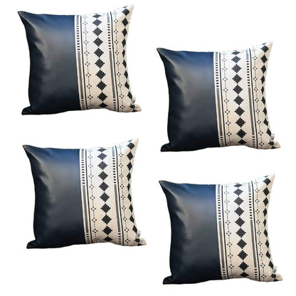 Set of Four 17" Navy Blue Diamond Fabric and Faux Leather Throw Pillows