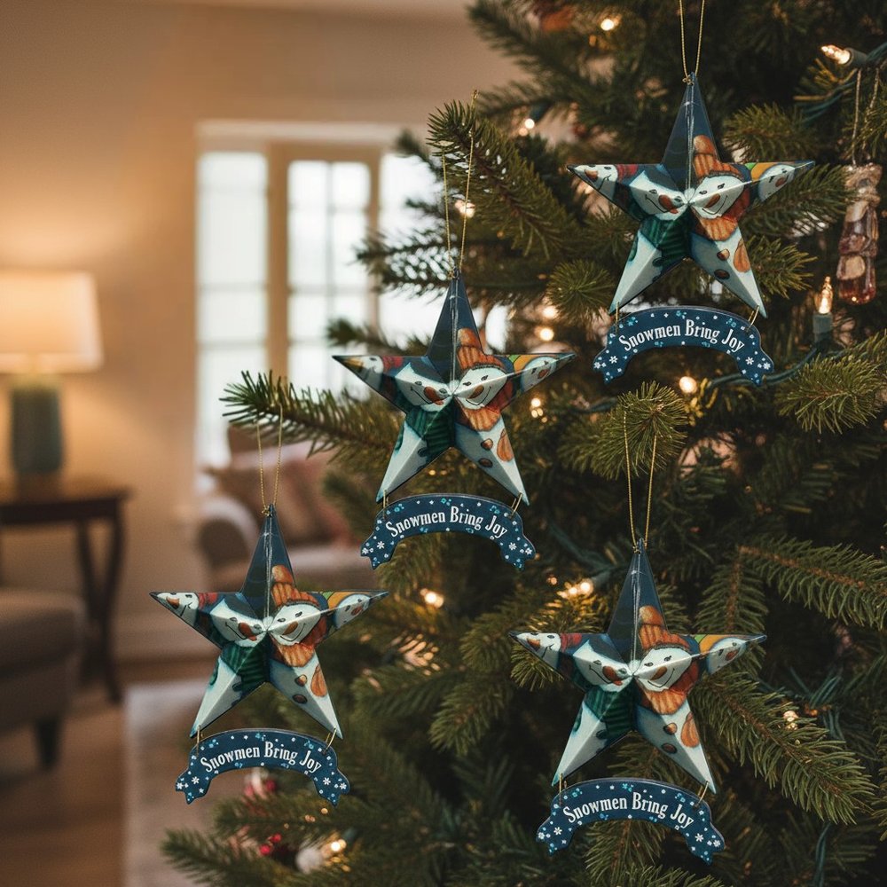 Set of Six Star Shaped Snowmen Joy Christmas Ornaments