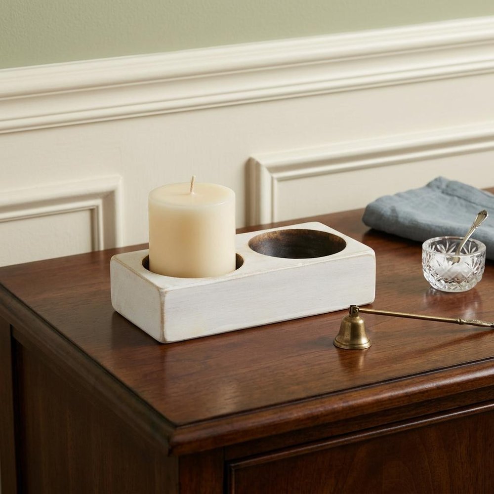 6" White Solid Wood Tabletop Candle Holder