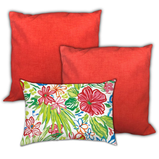 Set Of Three 18" X 18" Red And White Blown Seam Solid Color Throw Indoor Outdoor Pillow