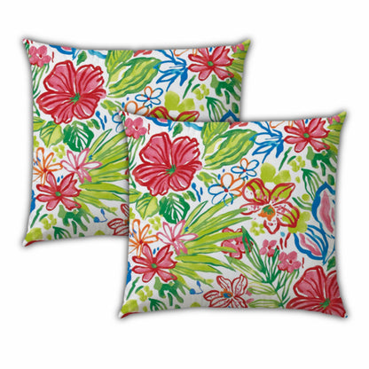 Set Of Three 18" X 18" Red And White Zippered Floral Throw Indoor Outdoor Pillow