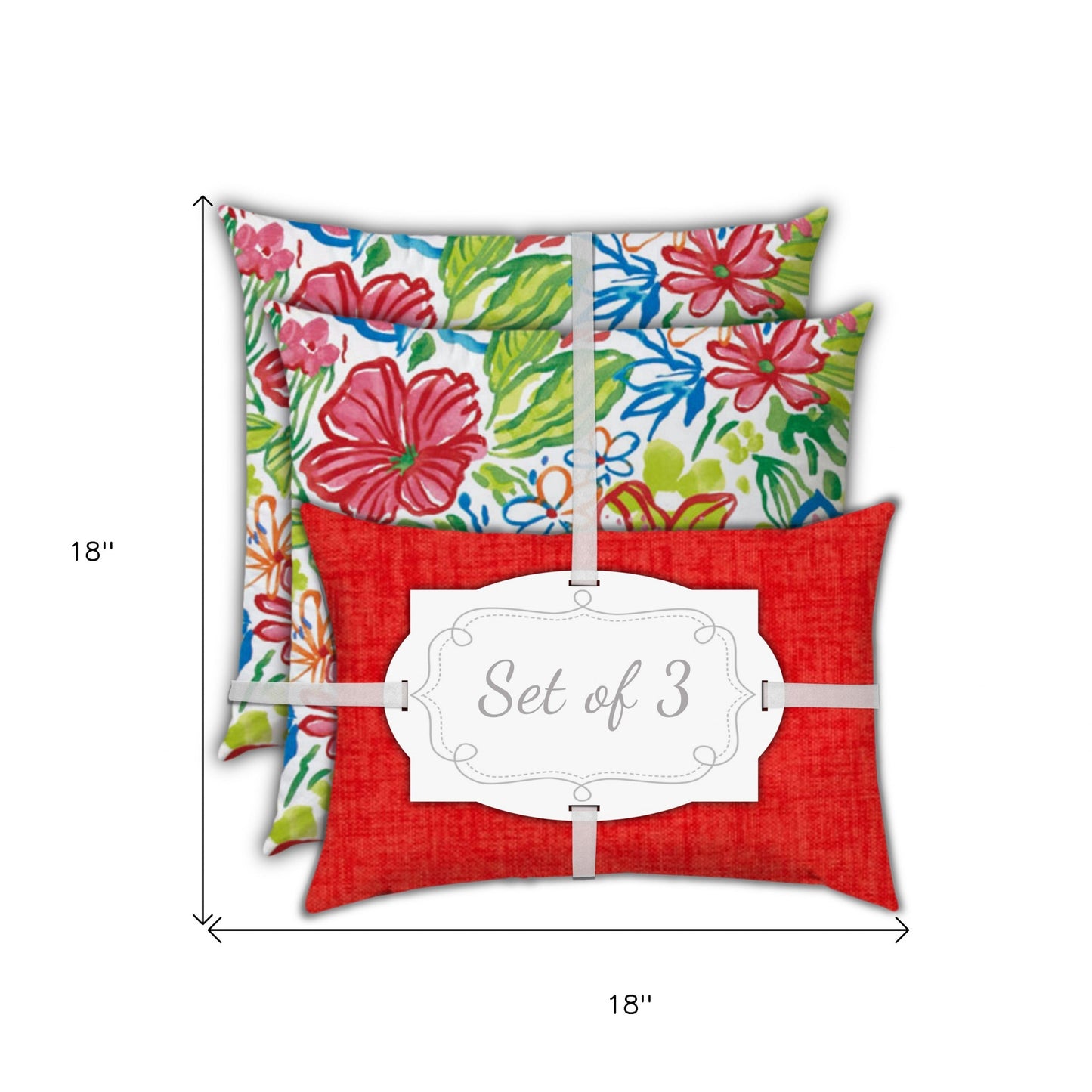 Set Of Three 18" X 18" Red And White Zippered Floral Throw Indoor Outdoor Pillow