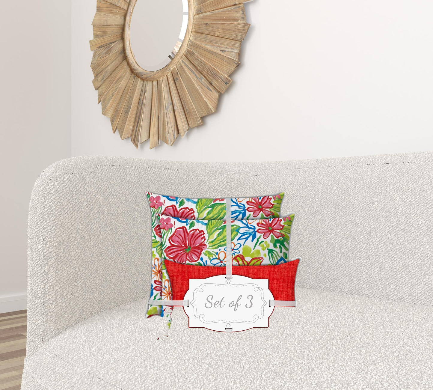 Set Of Three 18" X 18" Red And White Zippered Floral Throw Indoor Outdoor Pillow