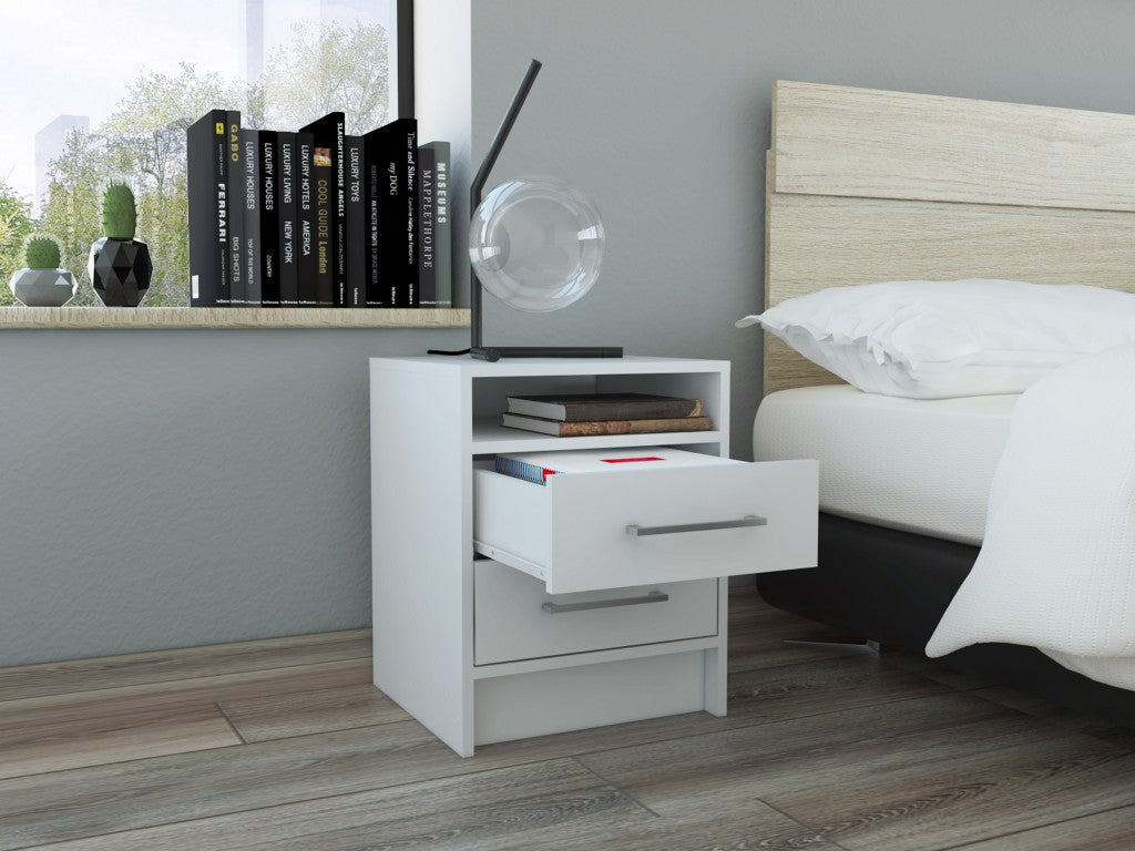 White Open Compartment Two Drawer Nightstand