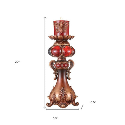 20" Brown and Red Faux Marble Tabletop Candle Holder and Candle