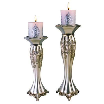 Set of Two Silver Metallic Polyresin Ornate Tabletop Pillar Candle Holders With Candle