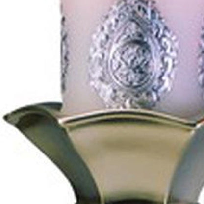 Set of Two Silver Metallic Polyresin Ornate Tabletop Pillar Candle Holders With Candle